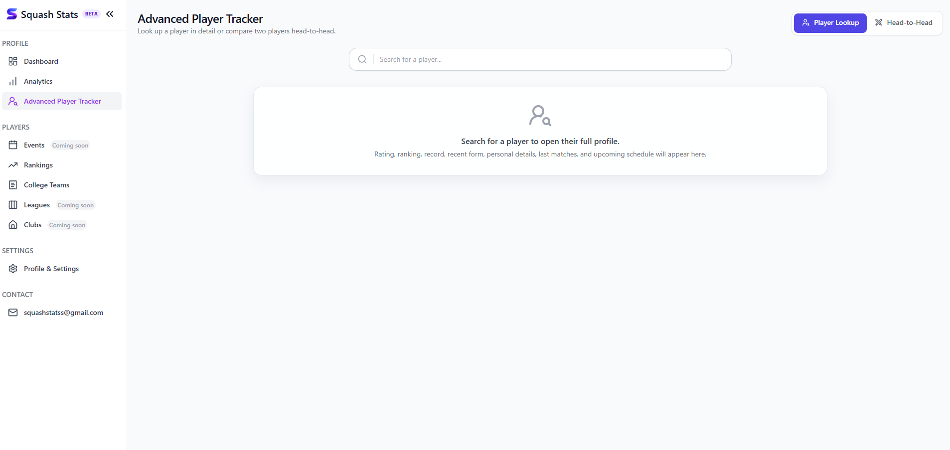 Squash Stats Advanced Player Tracker with player search and head-to-head tools
